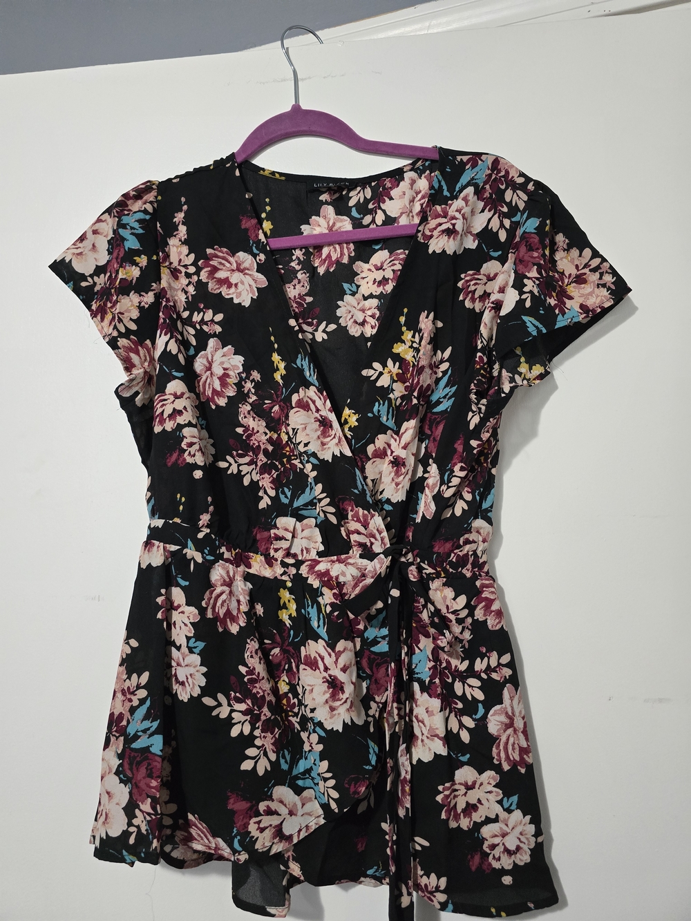 Black Floral Wrap Mini Top with Tie-Waist